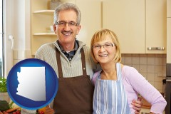 arizona map icon and a senior couple standing in their apartment kitchen