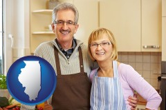illinois map icon and a senior couple standing in their apartment kitchen