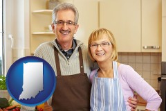 indiana map icon and a senior couple standing in their apartment kitchen