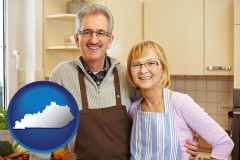 kentucky map icon and a senior couple standing in their apartment kitchen