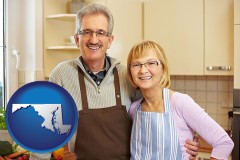maryland map icon and a senior couple standing in their apartment kitchen