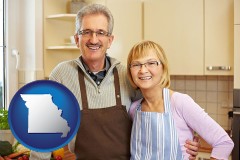missouri map icon and a senior couple standing in their apartment kitchen