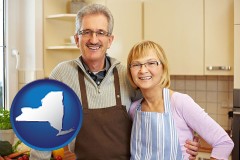 new-york map icon and a senior couple standing in their apartment kitchen