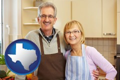 texas map icon and a senior couple standing in their apartment kitchen