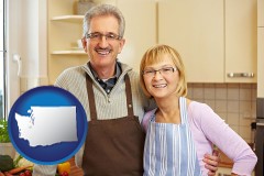 washington map icon and a senior couple standing in their apartment kitchen