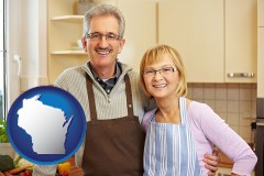 wisconsin map icon and a senior couple standing in their apartment kitchen