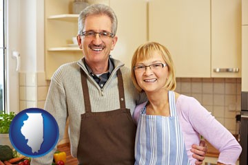 a senior couple standing in their apartment kitchen - with Illinois icon