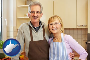 a senior couple standing in their apartment kitchen - with West Virginia icon